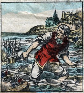 أطلق Lemuel Gullliver النار على السفن من جيش Blefuscu إلى ميناء العاصمة Lilliput. رسم توضيحي لـ "" رحلات جاليفر "" لجوناثان سويفت (1667-1745). تصوير إبينال أواخر القرن التاسع عشر. بواسطة المدرسة الفرنسية