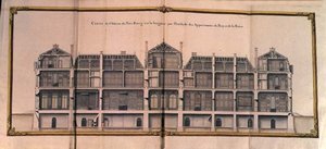قسم بالطول من Chateau de Petit-Bourg ، يُظهر مجموعة غرف الملك والملكة بواسطة المدرسة الفرنسية