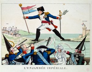L'enjambee Imperiale ؛ كاريكاتير يمثل نابليون الأول الذي فر من جزيرة إلبا للوصول إلى باريس. على علم "الشرف والوطن". نقش من عام 1815. باريس ، متحف كارنافاليت بواسطة المدرسة الفرنسية