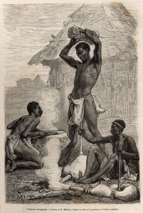 ليه حداد مانغانياس ، في قرية على طول نهر لوالابا (نهر الكونغو الحالي) ، نقش بعد رسم دي ميلارد ، يوضح آخر مذكرات ديفيد ليفينغستون (1813-1873) ، في 1866-1873 ، نُشرت في "" Le Tour du monde "" 1875 ، الذي حرره بواسطة المدرسة الفرنسية