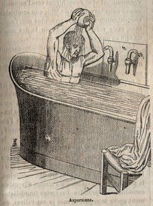 Les Gestures du bain - Hygiene au 19th القرن - رجل في حوض الاستحمام - نقش في "La Sante Universelle - Guide Medical des Familles" 1852 بواسطة المدرسة الفرنسية