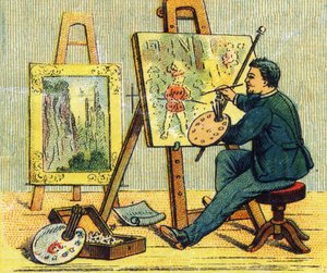 حرف أ: رسام في مرسمه. نقش "ABC غير مرغوب فيه على قماش مطلي بالورنيش". A. Capendu ، محرر ، باريس ، أواخر القرن التاسع عشر. مكتبة الأطفال مصورة. 8 صفحات. قاتمة: 21.5 × 18 سم. بواسطة المدرسة الفرنسية
