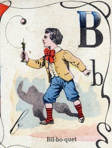رسالة B Bilboquet. نقش في "ABC des joux pour petits boys". تصوير بونت آ موسون ، لويس فاني ، ناشر طابعة ، أواخر القرن التاسع عشر. الأبعاد: 32.5 × 25 سم بواسطة المدرسة الفرنسية