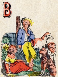 رعاة حرف ب. نقش في "الأبجدية دي جيو" ". السيد فان ، محرر ، Pont-a-Mousson ، أواخر القرن التاسع عشر. سلسلة الوردي. 12 صفحة. ألبوم يحتوي على طريقة قراءة مبسطة ومقطع مصور. قاتمة: 16.5 × 11 سم بواسطة المدرسة الفرنسية