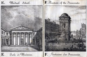 الحرفان E و F: مدرسة الطب ونافورة الأبرياء - "Alphabet Picturesque des Monumens de Paris" حوالي 1840 (نقش) بواسطة المدرسة الفرنسية