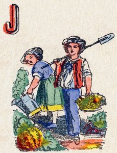 رسالة J Gardeners. نقش في "الأبجدية دي جيو" ". السيد فان ، محرر ، Pont-a-Mousson ، أواخر القرن التاسع عشر. سلسلة الوردي. 12 صفحة. ألبوم يحتوي على طريقة قراءة مبسطة ومقطع مصور. قاتمة: 16.5 × 11 سم بواسطة المدرسة الفرنسية