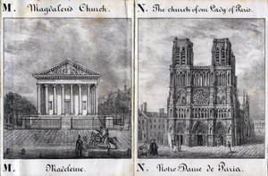 رسالة M Madeleine و N Notre-Dame de Paris (Notre Dame de Paris) - "Alphabet Picturesque des Monumens de Paris" حوالي 1840 (نقش) بواسطة المدرسة الفرنسية