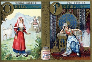 حرف O كإمرأة سردينيا من Osilo و P مثل Odalisk من بلاد فارس. الأبجدية النسائية. سلسلة من 12 صورة. إعلان Liebig بواسطة المدرسة الفرنسية