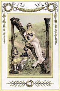 رسالة تمثل أم وأطفالها يرقصون ، أواخر القرن التاسع عشر (الطباعة الحجرية الملونة) بواسطة المدرسة الفرنسية