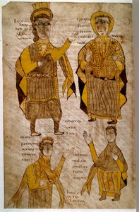 Lodhanri King of the Alamans (أو Alemans: قبيلة جرمانية) يحيط بـ eveque ودوق وكونت. مخطوطة "كتاب الأدب ألاريك ونصوص قانونية أخرى" (الورقة 197v) ، فرنسا ، وادي لوار (؟) ، 803-814. باريس ، ب ن بواسطة المدرسة الفرنسية