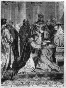 لوثريا الأول (795-855) عند قدم البابا أدريان الثاني (792-872). نقش في "Histoire des Papes-Rois-Queen and Empereurs عبر القرون" بقلم موريس لاتشاتر بواسطة المدرسة الفرنسية