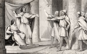 لويس الخامس (967-87) يظهر اللوفر تاجه لأتباعه ، من `` Histoire de France &39;&39; بواسطة Colart ، تم نشره عام 1840 بواسطة المدرسة الفرنسية