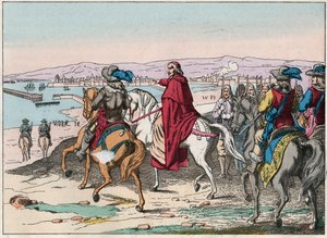 لويس الثالث عشر (1601-1643) والكاردينال ريشيليو في مقر لاروشيل ، ساحة البروتستانت في أكتوبر 1628 - الكاردينال دي ريشيليو ولويس الثالث عشر (1602-43) في حصار لاروشيل في أكتوبر 1628 - نقش نهاية القرن التاسع عشر بواسطة المدرسة الفرنسية