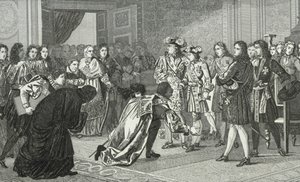 لويس الرابع عشر (1638-1715) يقدم صن كينج حفيده فيليب الخامس (1683-1746) إلى المبعوثين الإسبان ، من "هيستوار دي فرانس" من قبل كولارت ، نُشر عام 1840 بواسطة المدرسة الفرنسية