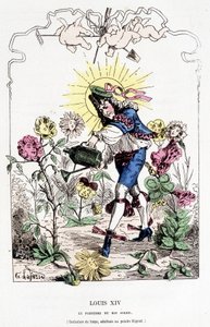 لويس الرابع عشر متنكراً في زي بستاني في "" Histoire de France Tintamarresque "" لتوشاتوت بواسطة المدرسة الفرنسية