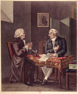 لويس السادس عشر (1754-93) يقرأ وصيته الأخيرة وعهده إلى غيوم دي لاموينون دي ماليشيربس (1721-1794) في المعبد ، 25 ديسمبر 1793 بواسطة المدرسة الفرنسية