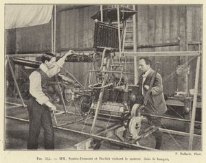 MM Santos-Dumont et Buchet visitant le moteur, dans le hangar (engraving) بواسطة المدرسة الفرنسية