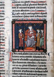 MS.782 Childeric II (c.650-675) ، Clodomir (c.495-524) وربما ثيودوريك ، ممثلة تحت حماية الملك كلوتير الأول (سي 497-561) ، جالسًا على العرش ، مصغر من Chroniques de Saint-Denis (الرق) بواسطة المدرسة الفرنسية