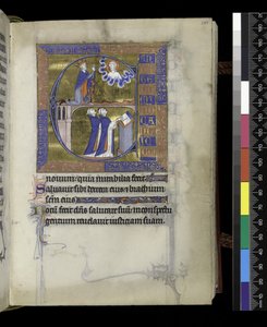 MS 300 f.107r, David prays to God (above), two clerics (below), from the Psalter and Hours of Isabella of France, Paris, c.1265-70 (pen & ink and tempera on parchment) بواسطة المدرسة الفرنسية