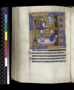 MS 300 ص 125v ، داود يصلي إلى الله (أعلاه) ؛ الله مع الجرم السماوي والمسيح مع كتاب جالس على مقعد (أدناه) ، من سفر المزامير وساعات إيزابيلا الفرنسية ، باريس ، حوالي 1265-70 (قلم حبر وحبر وتمبرا على ورق) بواسطة المدرسة الفرنسية