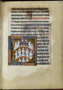 MS 300 f.199r ، حق الاقتراع للملائكة ، ورقة من سفر المزامير - ساعات إيزابيل الفرنسية ، حوالي 1265-70 (قلم حبر وحبر ، تمبرا وذهب على ورق) بواسطة المدرسة الفرنسية