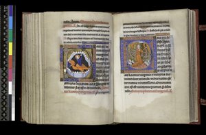 MS 300 f.206v-207r ، حق الاقتراع لسانت مارغريت والاقتراع لسانت كاترين ، من سفر المزامير وساعات إيزابيلا الفرنسية ، باريس ، حوالي 1265-70 (قلم حبر وحبر وتمبرا على ورق) بواسطة المدرسة الفرنسية