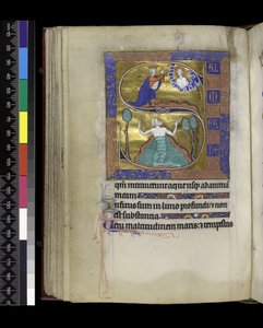 MS 300 f.70v ، ديفيد يصلي إلى الله (أعلاه) ، ديفيد يغرق في الماء (أدناه) ، من سفر المزامير وساعات إيزابيلا الفرنسية ، باريس ، حوالي 1265-70 (قلم حبر وحبر وتمبرا على ورق) بواسطة المدرسة الفرنسية