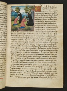 ^ MS Hunter 252 016r صفحة من Hundred News News ، c.1461-62 بواسطة المدرسة الفرنسية