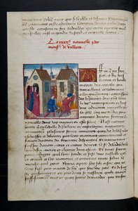 ^ MS Hunter 252 075v صفحة من Hundred News News ، c.1461-62 بواسطة المدرسة الفرنسية