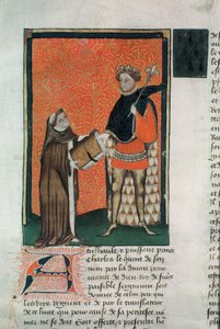 MS Hunter 8 f.9r المترجم كوربيكون يقدم الكتاب إلى تشارلز الخامس بواسطة المدرسة الفرنسية