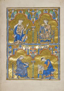 MS M.240 f.8r ، بلانش ملك قشتالة والملك لويس التاسع ملك فرنسا وما يليه: مؤلف يملي إلى كاتب ، إنجيل سانت لويس (الكتاب المقدس الأخلاقي) ، ربما باريس بواسطة المدرسة الفرنسية