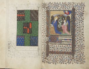 MS Widener 4 ، صص. 26v-27r ، شعار النبالة والبشارة ، من كتاب الصلوات ، استخدام رين ، حوالي 1405 (قلم وحبر وتمبرا على ورق) بواسطة المدرسة الفرنسية