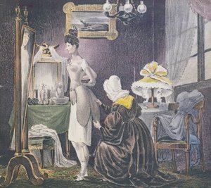 خادمة تساعد عشيقتها على ارتداء الحشو للثدي والقاع ، c.1830 بواسطة المدرسة الفرنسية