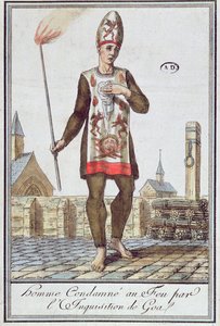 حكم على رجل من محاكم التفتيش في غوا بحرقه في الرهان ، أواخر القرن الثامن عشر (نقش الألوان) بواسطة المدرسة الفرنسية