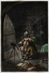 رجل يرتدي القناع الحديدي ، يعزف على التشيلو في السجن - الرجل ذو القناع الحديدي (توفي عام 1703) في سجنه وهو يعزف على آلة التشيلو - نقش من "هيستوار دو فرانس" لجول ميشليه - 1876-1877 - بواسطة المدرسة الفرنسية