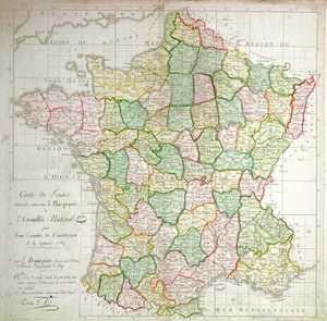خريطة لفرنسا توضح خطط تقسيم الأقسام ، 1789 (ليثو ملون وحبر)