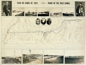 خريطة لقناة السويس مصحوبة بمناظر وصور مختلفة لفرديناند ديليسبس (1805-94) وإسماعيل باشا (1830-1895) 1869
