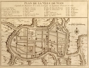 خريطة لمدينة سيام ، عاصمة المملكة بهذا الاسم بعد مسح أجراه مهندس فرنسي في عام 1687 ، نُشر في طبعة 1751 من هيستوار جنرال دي فويجز بواسطة أنطوان بريفوست