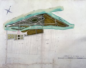 خريطة حديقة مولان جولي. لوحة من أطلس مخططات أراضي كولومبوس (1780) ، محفوظة في الأرشيف الوطني. بواسطة المدرسة الفرنسية