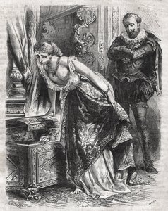 مارغريت دي فالوا (1553-1615) ، المعروفة باسم الملكة مارغو ، تخفي جوليان دي ليريس ، عشيقها ، في خزنة. زوجها ، الملك هنري الرابع ملك فرنسا (1553-1610) ، يراقب المشهد بمرح. القرن السادس عشر. نقش من عام 1871 في "Histoire Des Cocuses Celebres" "ه بواسطة المدرسة الفرنسية