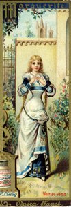 مارغريت في أوبرا فاوست من تأليف تشارلز جونود الذي تم إنشاؤه في عام 1859 ، بعد قطعة يوهان فولفجانج فون جوته. أبجدية أسماء النساء حول الموضوع: الأزياء النسائية والأوبرا. إعلان ليبيج للطباعة الحجرية الملونة. بواسطة المدرسة الفرنسية