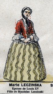 ماري ليزكزينسكا (1703-1768) ، ملكة فرنسا ، زوجة لويس الخامس عشر في "" Galeriede Kings and Queens of France وشخصيات لامعة من 1643 إلى 1895 ”” Epinal image. بواسطة المدرسة الفرنسية