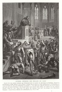 مارتن لوثر تمزيق الثيران البابوية ، Wittenberg ، ألمانيا ، 1520