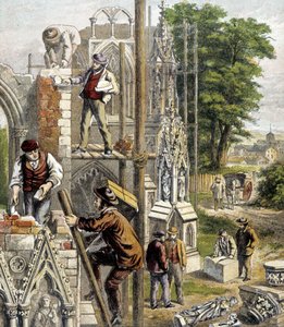 عمال البناء في موقع بناء كاتدرائية - في "" متجر الأطفال الصغار "" "،" Les métiers "" ، Hachette ، حوالي عام 1900. بواسطة المدرسة الفرنسية