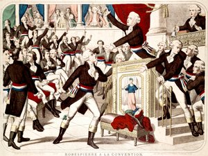 Maximilian Robespierre at the Convention (Seance of 19 Thermidor 1794) ، Jean Lambert (Jean-Lambert) تاليان يهدد Robespierre بسكين - نقش شعبي لتلك الفترة بواسطة المدرسة الفرنسية
