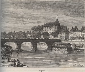 Mayenne هي بلدية في غرب فرنسا في منطقة Pays de la Loire - نقش في "La France illustree: الجغرافيا والتاريخ وإحصاء الإدارة" بقلم V.-A. الشعير براون. 1884 بواسطة المدرسة الفرنسية