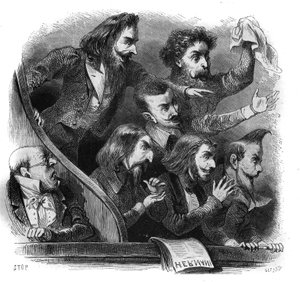 أعضاء الحركة الأدبية الرومانسية الذين حضروا العرض الأول لمقطع فيكتور هوغو "هرناني" (1802-1885) في الكوميديا فرانسيس في باريس ، 25 فبراير بواسطة المدرسة الفرنسية