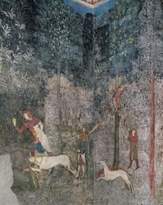 رجال يصطادون مع الكلاب ، التفاصيل من La Chambre du Cerf (Stag Room) 1343 بواسطة المدرسة الفرنسية