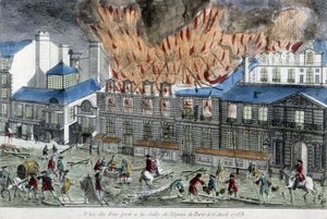 رجال يحاولون إخماد حريق أوبرا باريس عام 1763. بواسطة المدرسة الفرنسية
