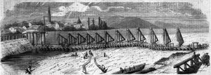 ظواهر الأرصاد الجوية: جفاف نهر الراين عام 1858. منظر لجسر كيل (ألمانيا) ، تم التقاطه في اتجاه مجرى النهر للساحل الفرنسي. نقش في "" Le Monde Illustré "" رقم 50 بتاريخ 27 مارس 1858. بواسطة المدرسة الفرنسية